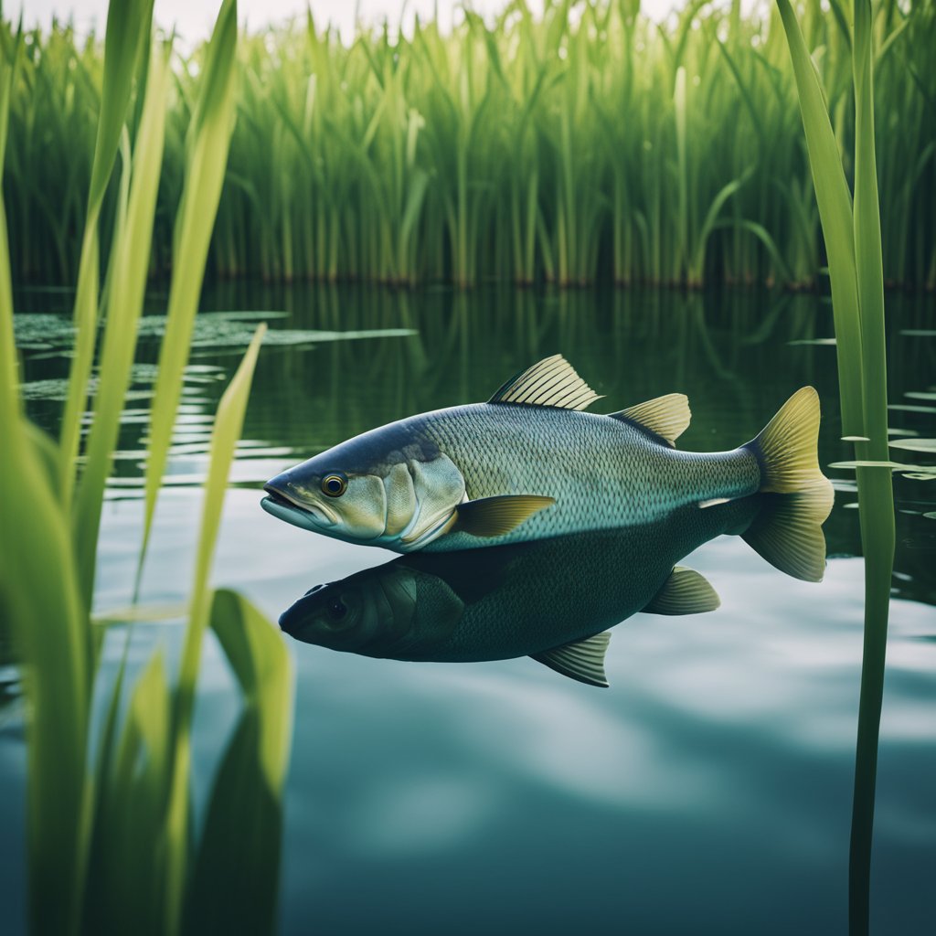 Un grand poisson nage dans un vaste étang tranquille entouré d'une verdure luxuriante et de hautes roseaux.