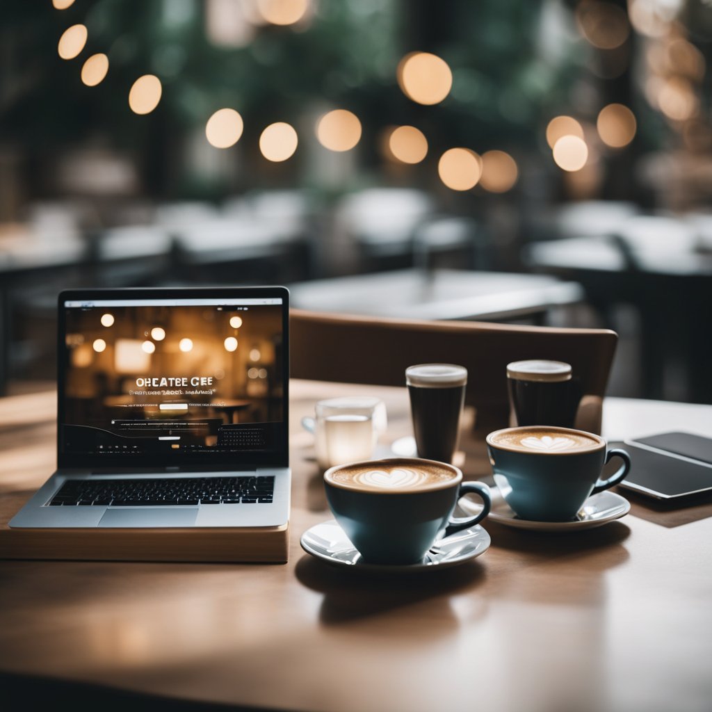 Un café chaleureux avec deux tasses de café fumant et un ordinateur portable ouvert sur un site de rencontre