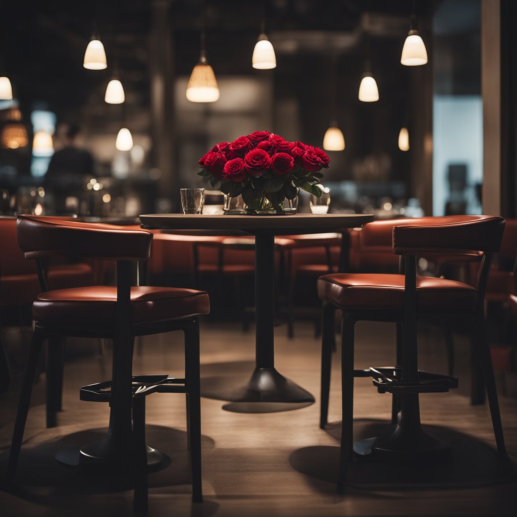 Un café faiblement éclairé avec deux chaises vides se faisant face, une seule rose rouge placée sur la table