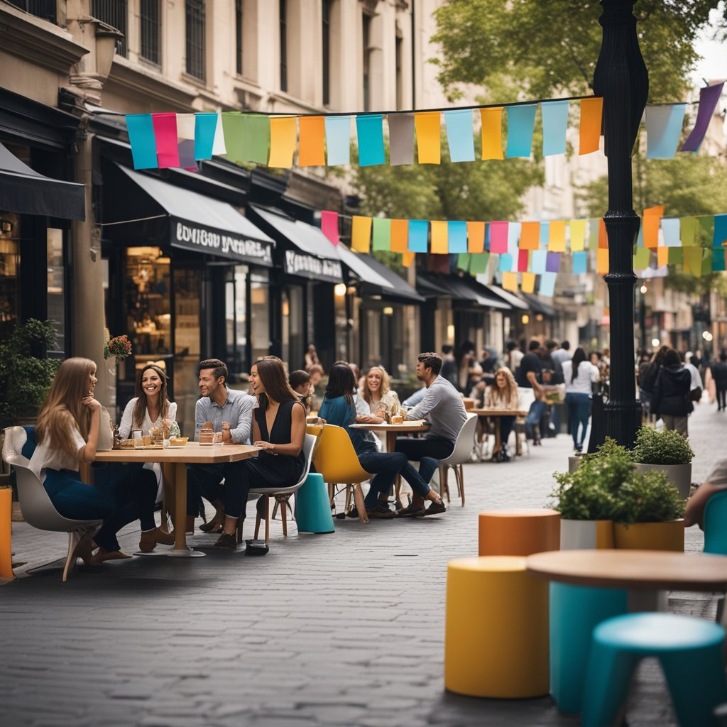 Une rue animée de la ville avec des gens se rencontrant dans des cafés et des parcs, discutant et riant, avec des bannières colorées faisant la publicité du meilleur site de rencontre X.